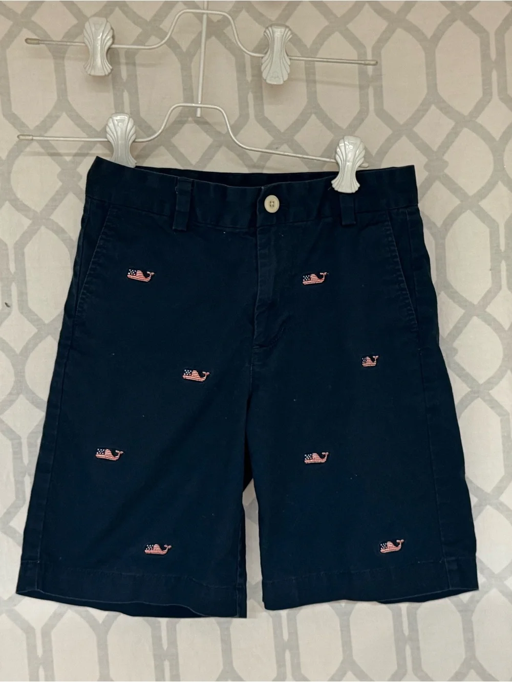 Vineyard Vines Navy Shorts with American Flag Whale Embroidery